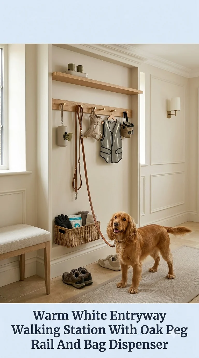 Warm White Entryway Walking Station With Oak Peg Rail And Bag Dispenser