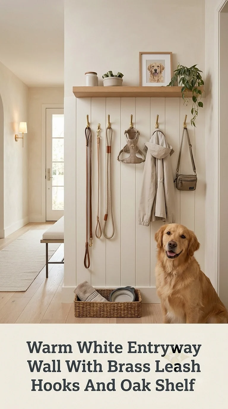 Warm White Entryway Wall With Brass Leash Hooks And Oak Shelf