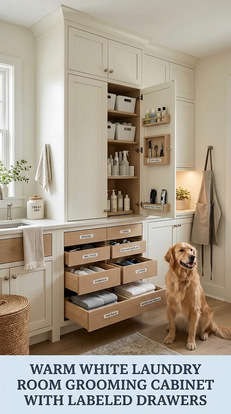 Warm White Laundry Room Grooming Cabinet With Labeled Drawers