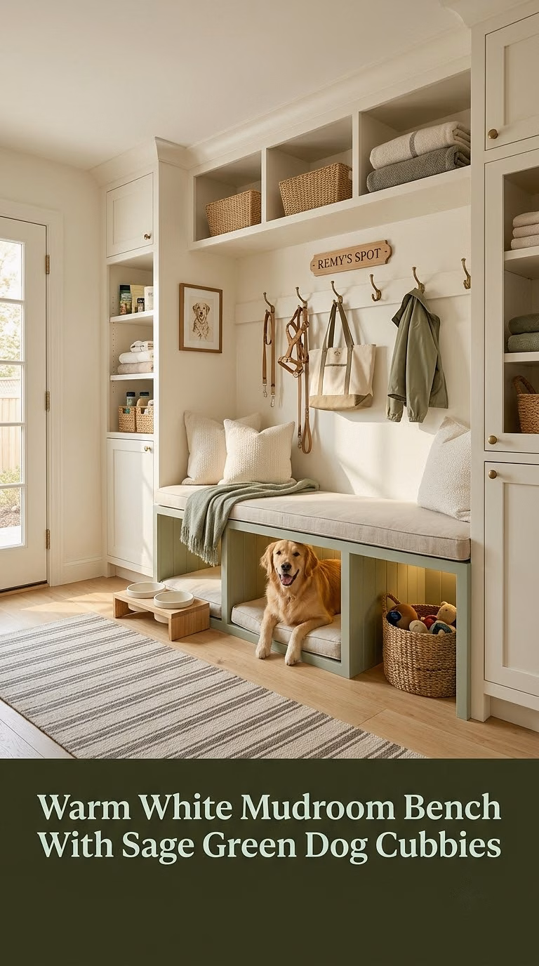 1. Warm White Mudroom Bench With Sage Green Dog Cubbies