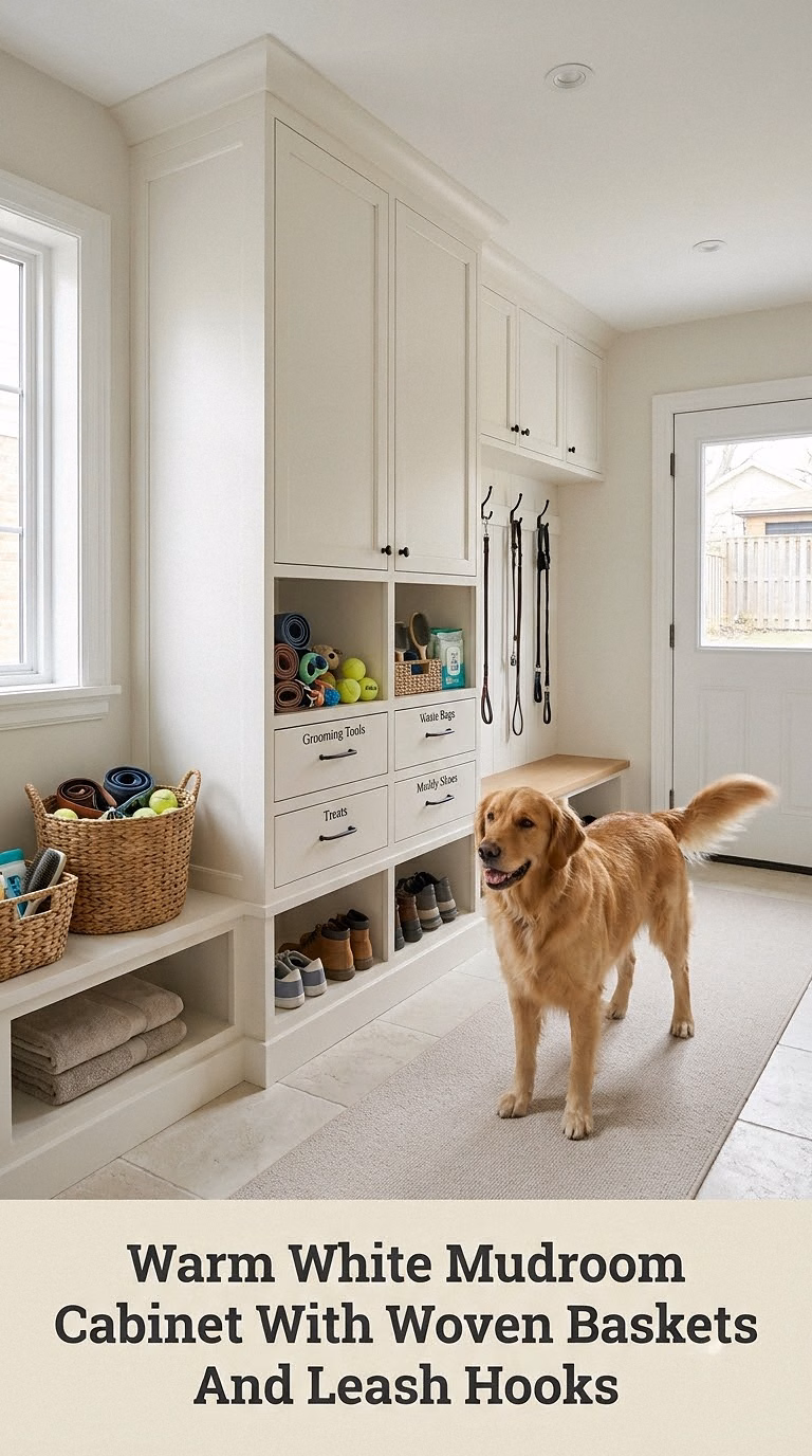 Warm White Mudroom Cabinet With Woven Baskets And Leash Hooks