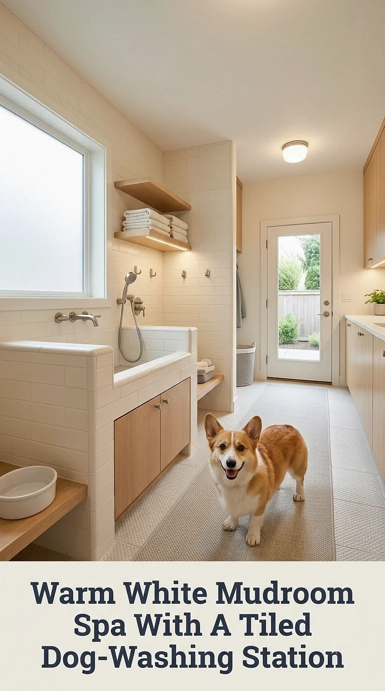 Warm White Mudroom Spa With A Tiled Dog-Washing Station