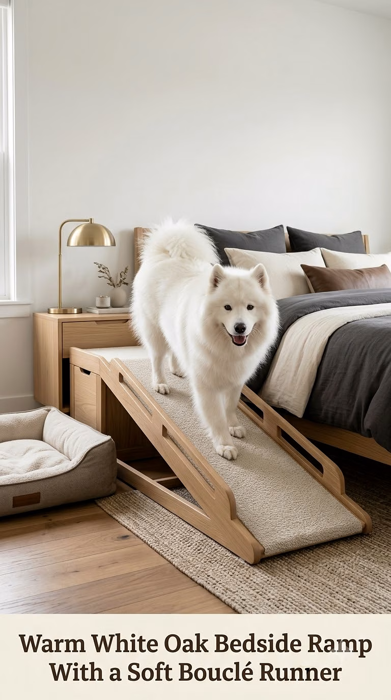 Warm White Oak Bedside Ramp With a Soft Bouclé Runner