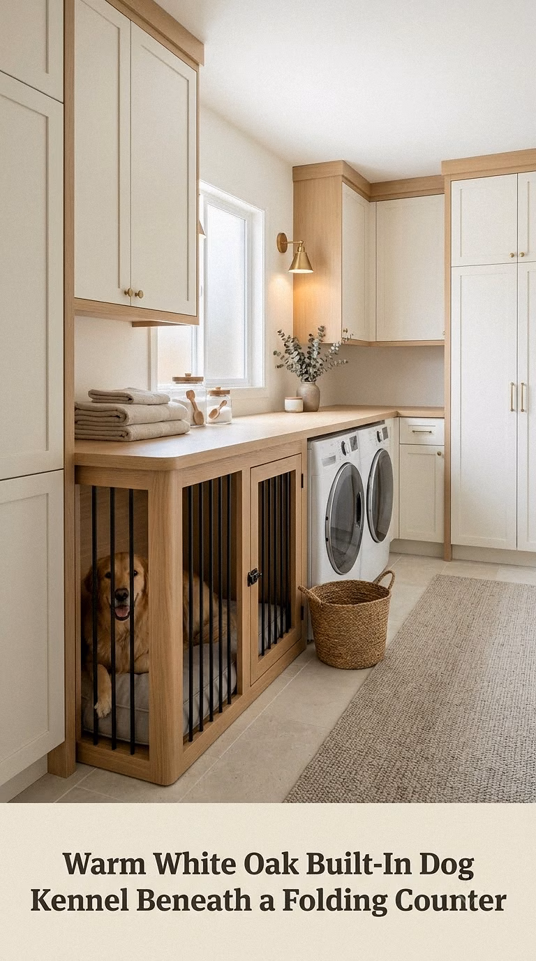 Warm White Oak Built-In Dog Kennel Beneath a Folding Counter