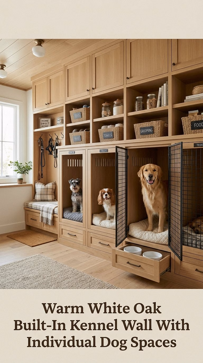 Warm White Oak Built-In Kennel Wall With Individual Dog Spaces