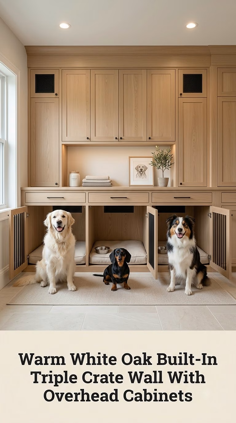 Warm White Oak Built-In Triple Crate Wall With Overhead Cabinets