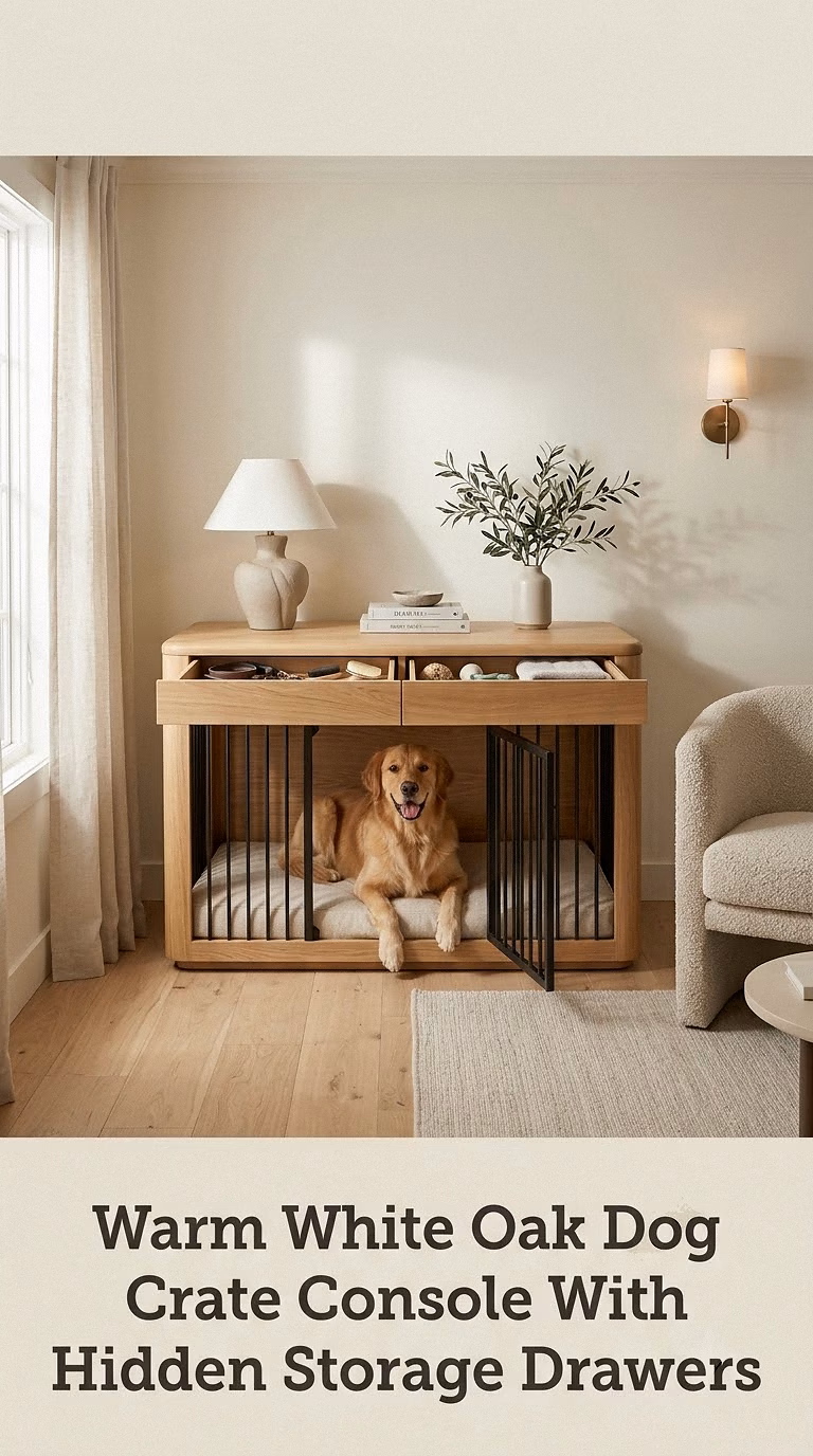 Warm White Oak Dog Crate Console With Hidden Storage Drawers