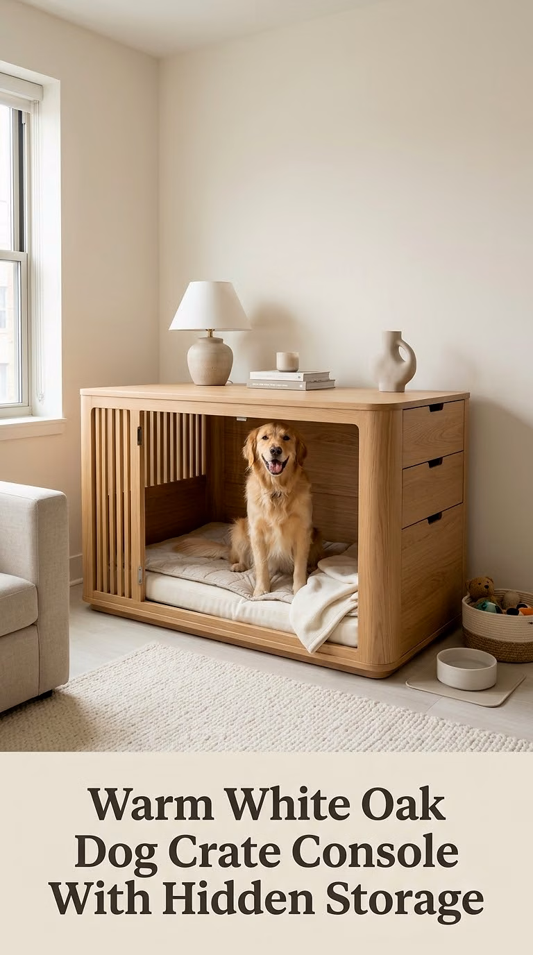 Warm White Oak Dog Crate Console With Hidden Storage