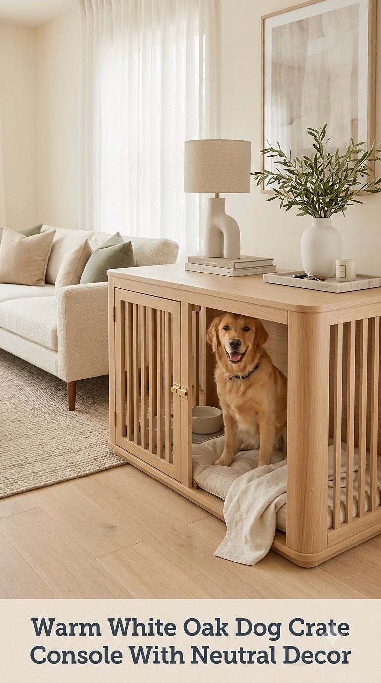 Warm White Oak Dog Crate Console With Neutral Decor
