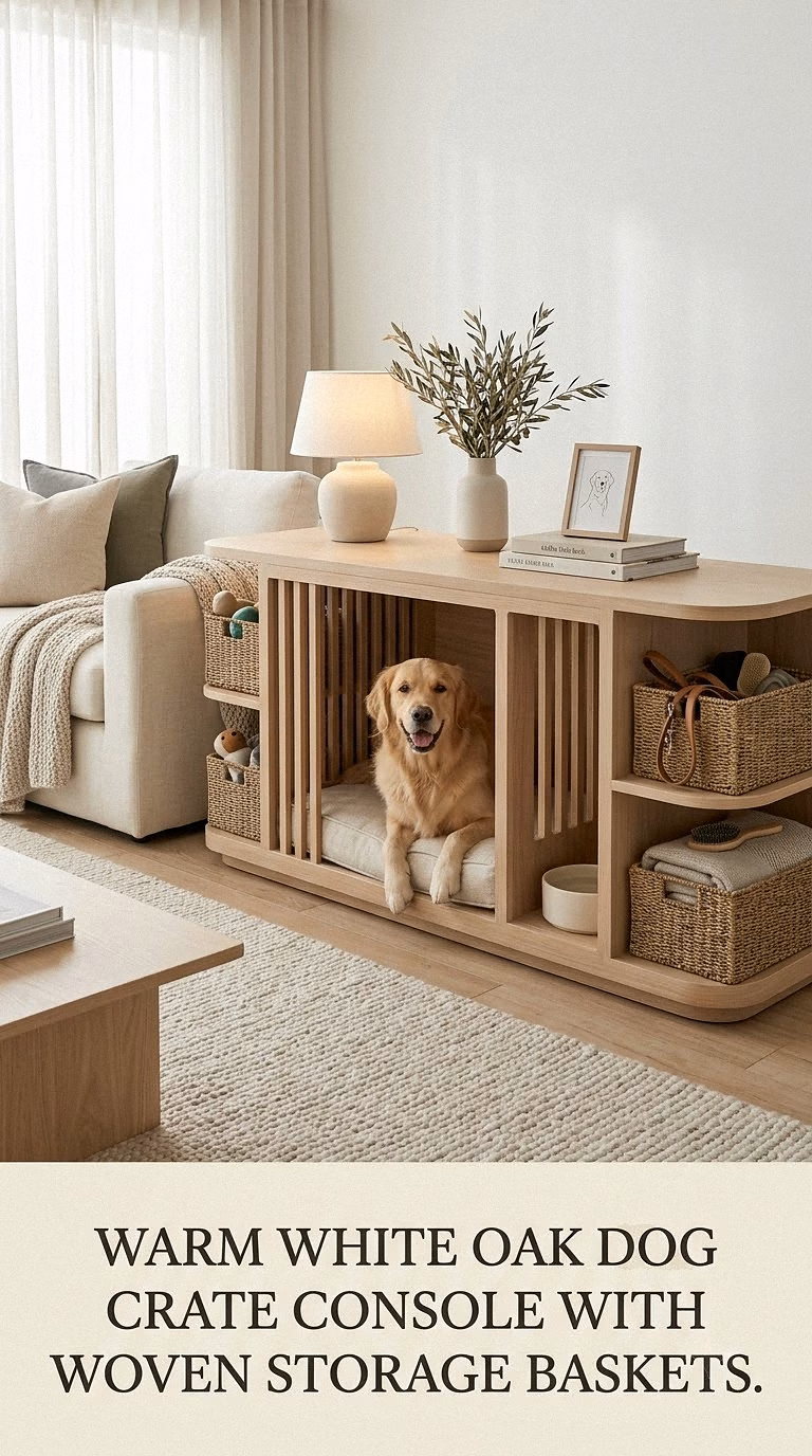 Warm White Oak Dog Crate Console With Woven Storage Baskets