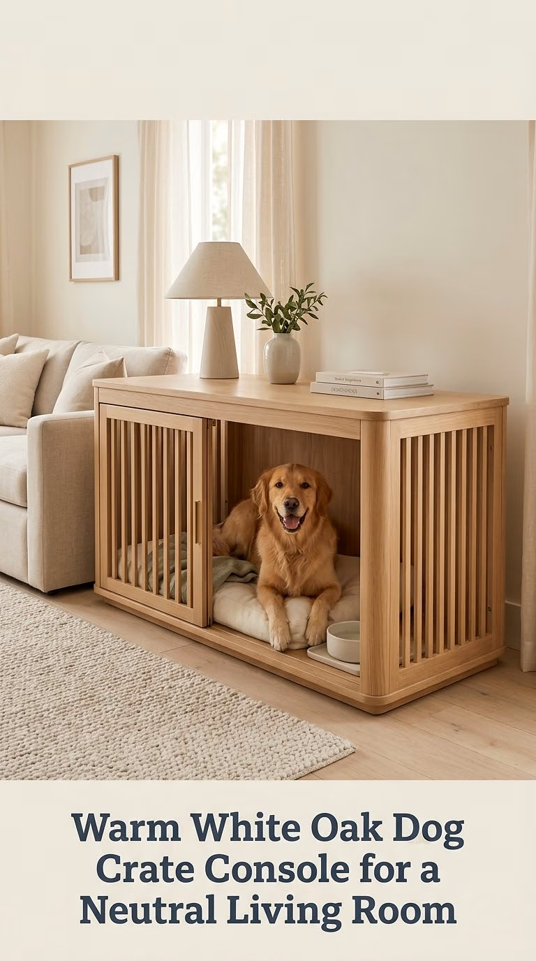 Warm White Oak Dog Crate Console for a Neutral Living Room