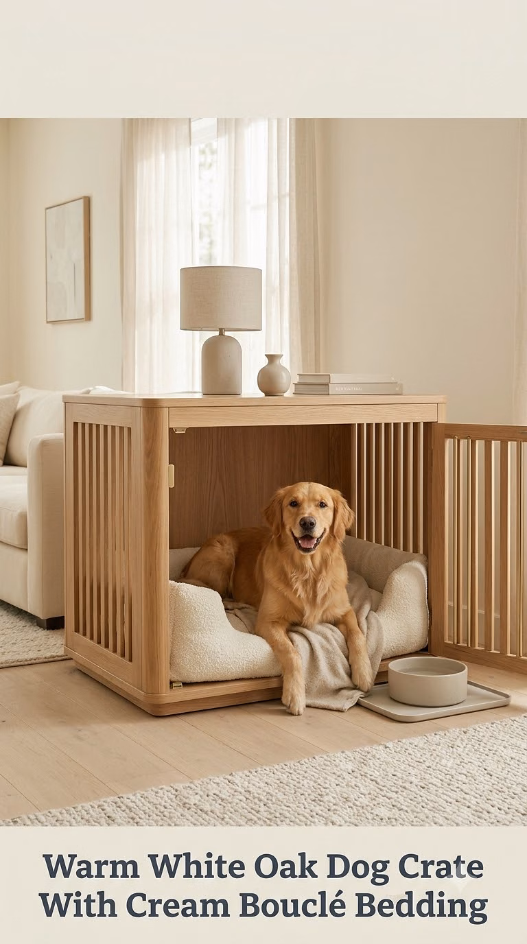 Warm White Oak Dog Crate With Cream Bouclé Bedding