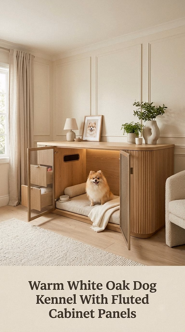 Warm White Oak Dog Kennel With Fluted Cabinet Panels