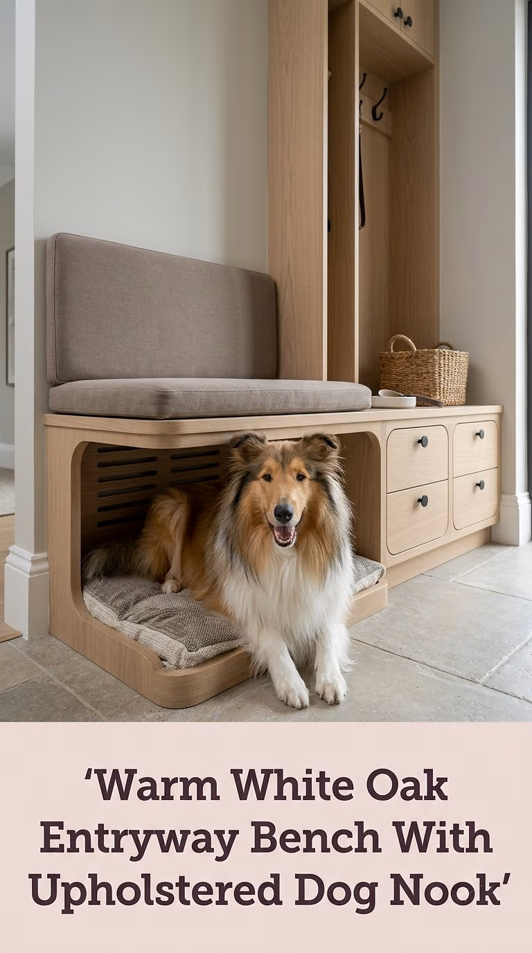 Warm White Oak Entryway Bench With Upholstered Dog Nook