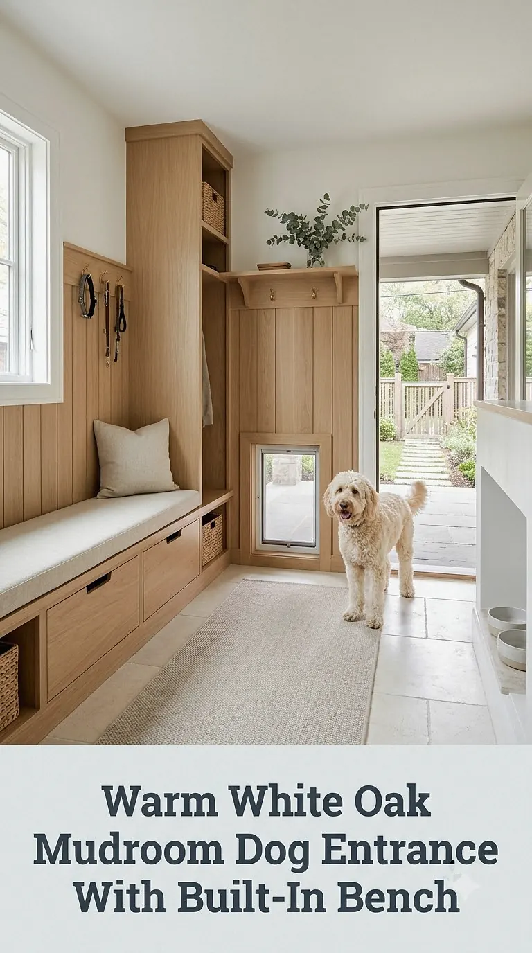 Warm White Oak Mudroom Dog Entrance With Built-In Bench