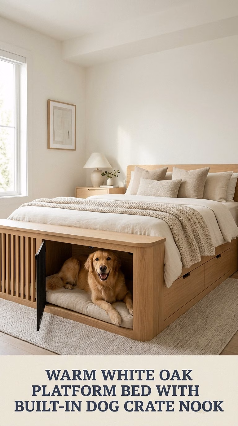 Warm White Oak Platform Bed With Built-In Dog Crate Nook