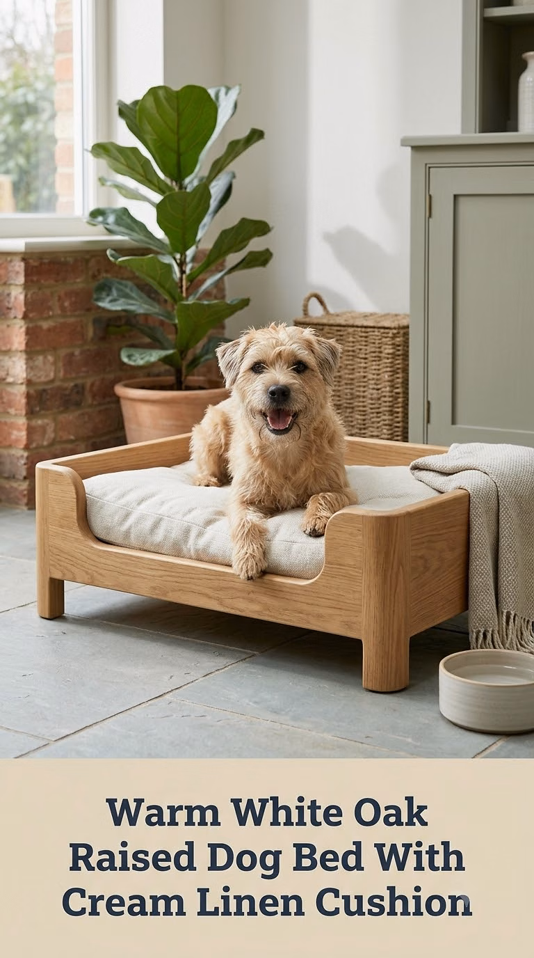 Warm White Oak Raised Dog Bed With Cream Linen Cushion