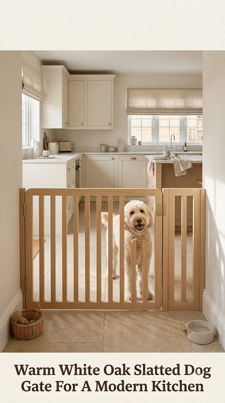 Warm White Oak Slatted Dog Gate For A Modern Kitchen
