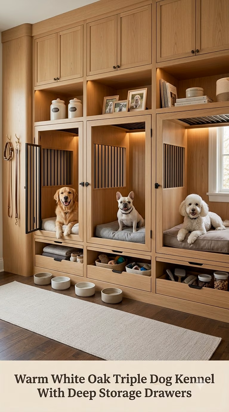 Warm White Oak Triple Dog Kennel With Deep Storage Drawers