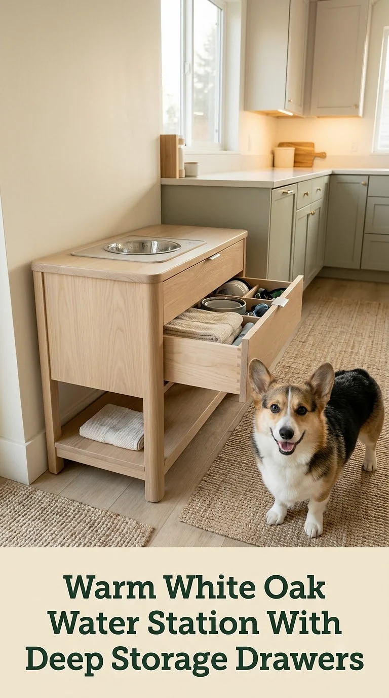 Warm White Oak Water Station With Deep Storage Drawers