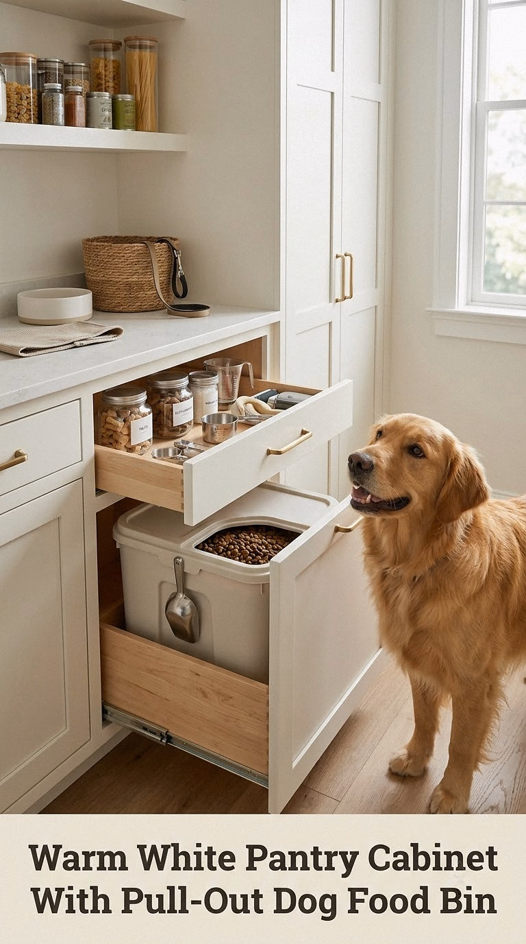 Warm White Pantry Cabinet With Pull-Out Dog Food Bin