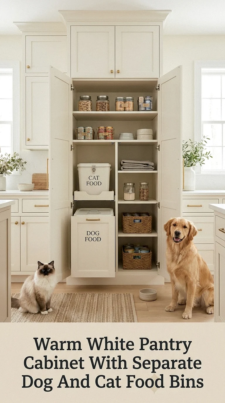 Warm White Pantry Cabinet With Separate Dog And Cat Food Bins