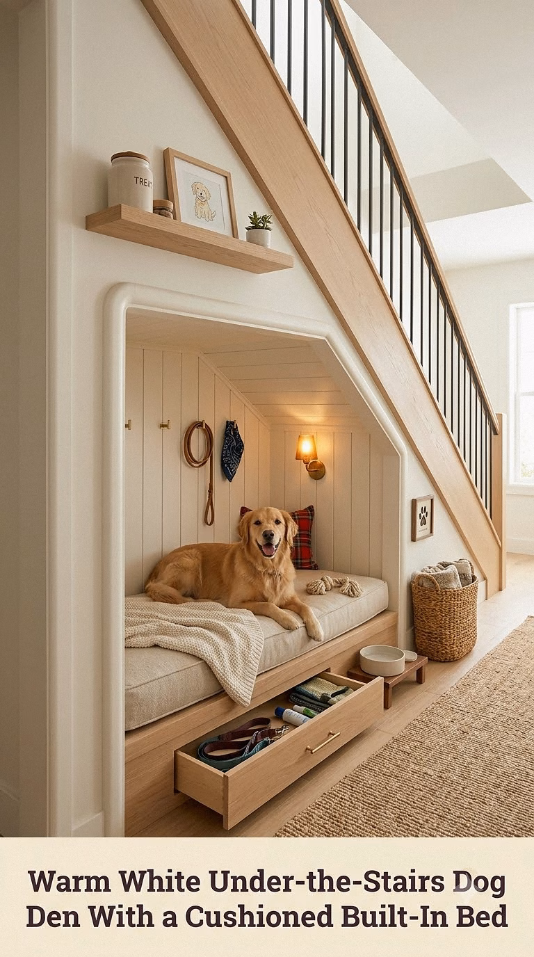 1. Warm White Under-the-Stairs Dog Den With a Cushioned Built-In Bed