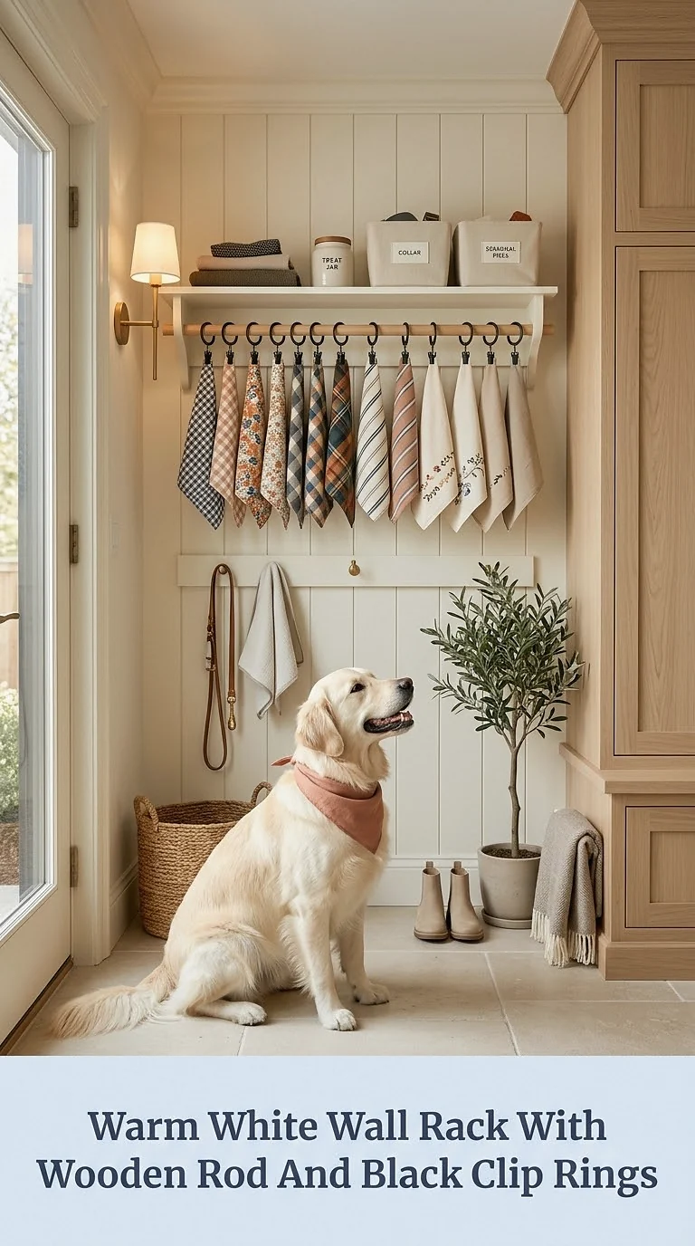 Warm White Wall Rack With Wooden Rod And Black Clip Rings
