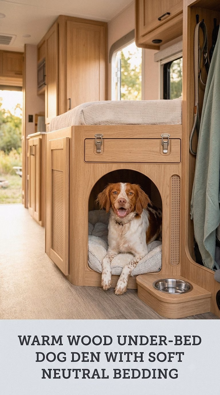 Warm Wood Under-Bed Dog Den With Soft Neutral Bedding