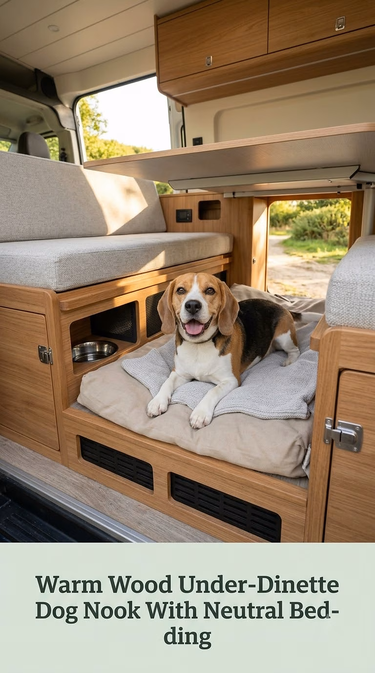 Warm Wood Under-Dinette Dog Nook With Neutral Bedding