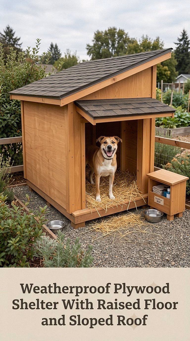 Weatherproof Plywood Shelter With Raised Floor and Sloped Roof