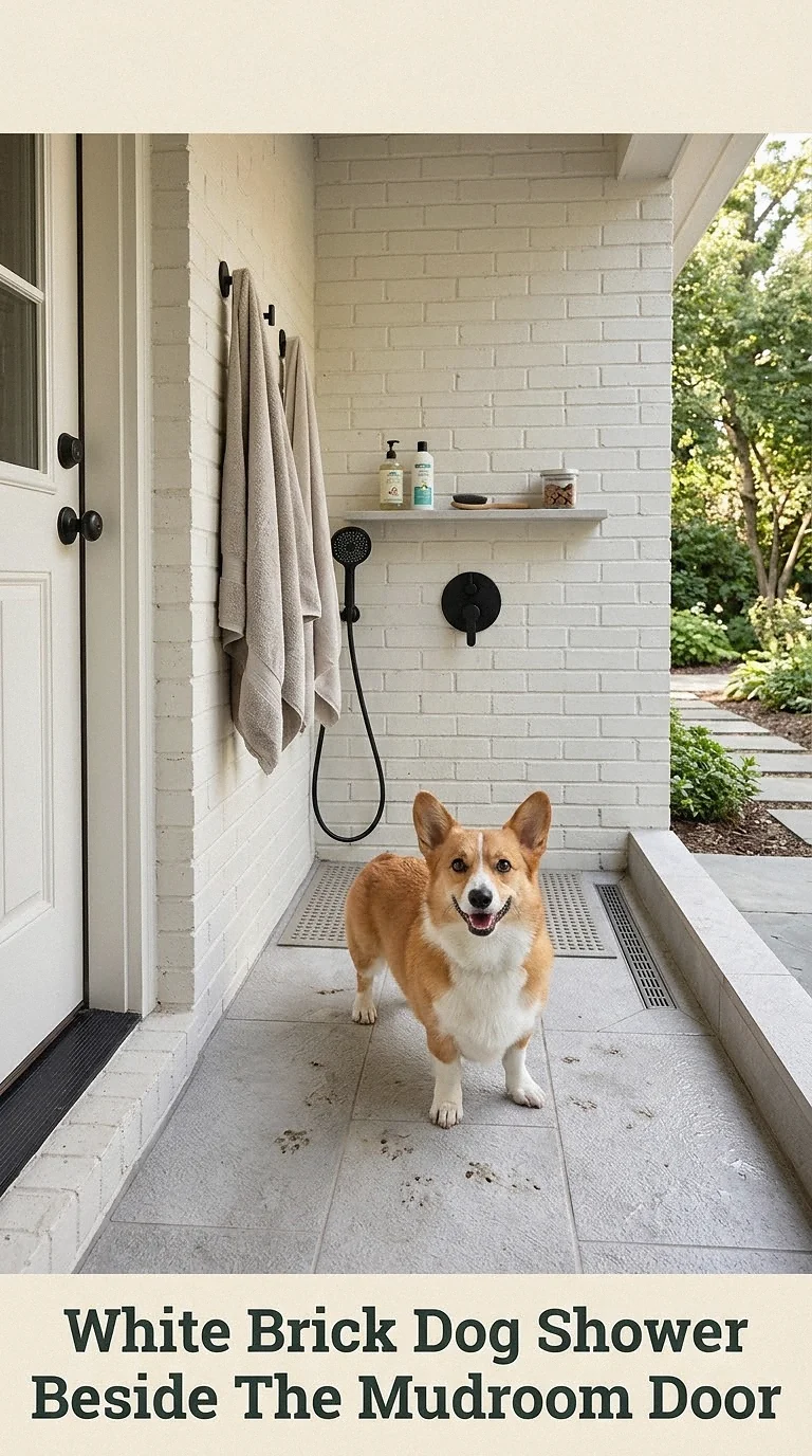 White Brick Dog Shower Beside The Mudroom Door