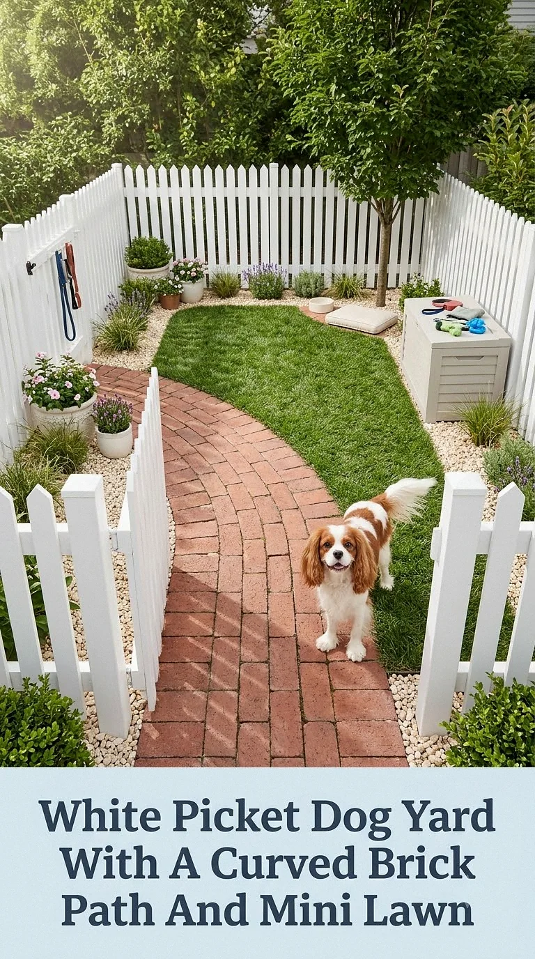 White Picket Dog Yard With A Curved Brick Path And Mini Lawn