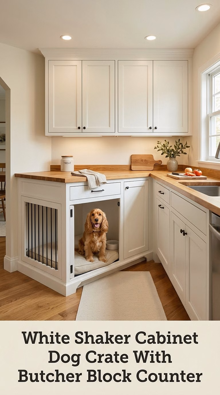 White Shaker Cabinet Dog Crate With Butcher Block Counter