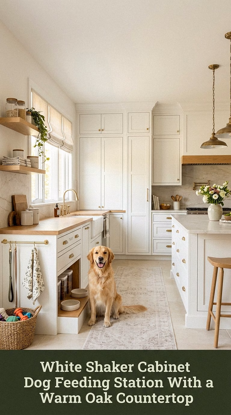 1. White Shaker Cabinet Dog Feeding Station With a Warm Oak Countertop