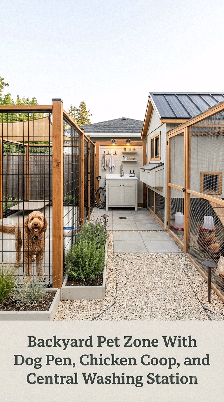 Backyard Pet Zone With Dog Pen, Chicken Coop, and Central Washing Station