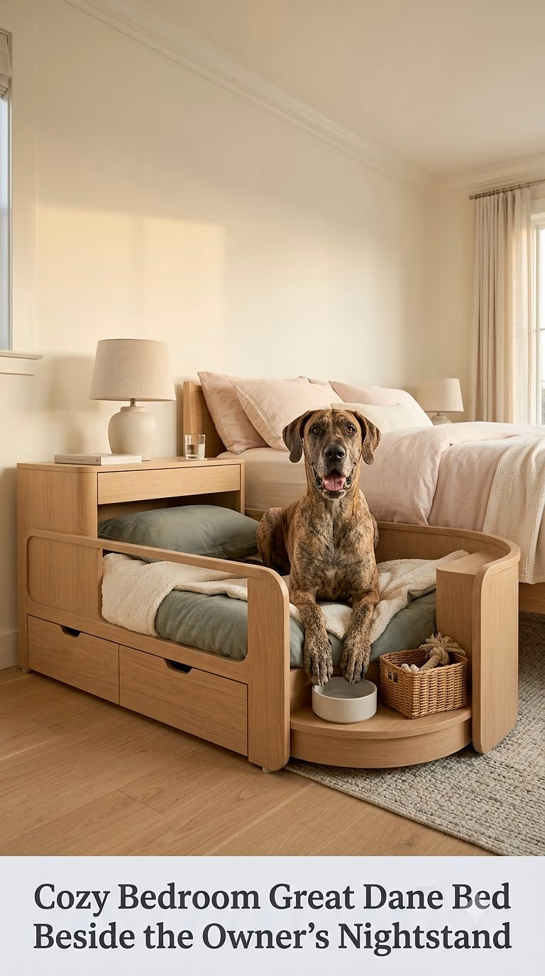 Cozy Bedroom Great Dane Bed Beside the Owner's Nightstand