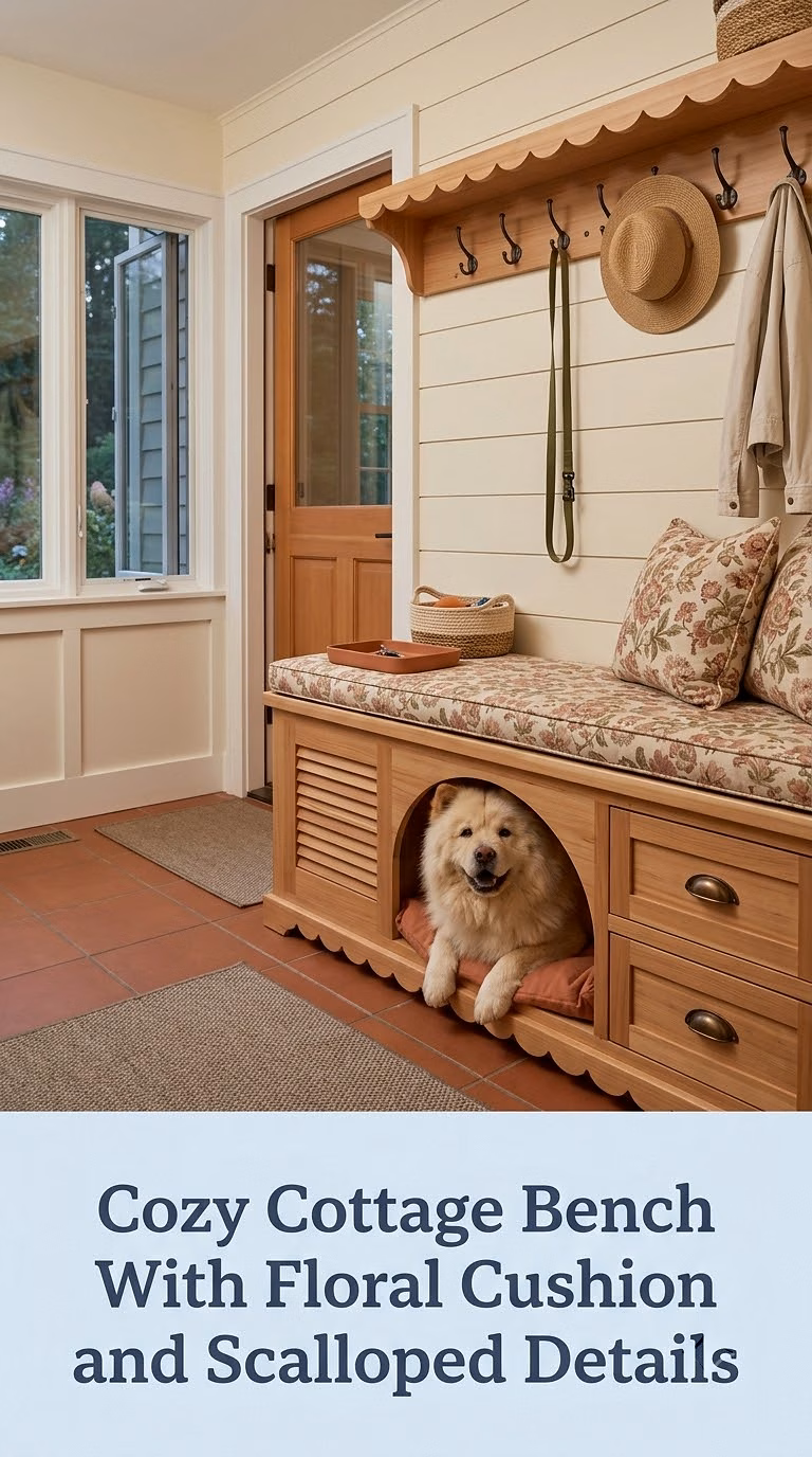 Cozy Cottage Bench With Floral Cushion and Scalloped Details