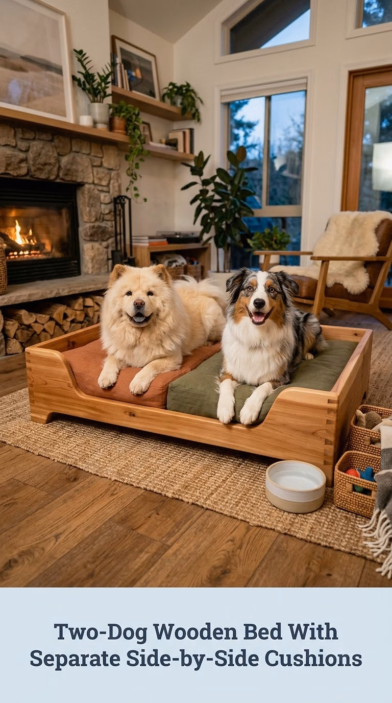 Two-Dog Wooden Bed With Separate Side-by-Side Cushions