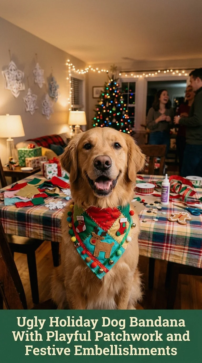 Ugly Holiday Dog Bandana With Playful Patchwork and Festive Embellishments