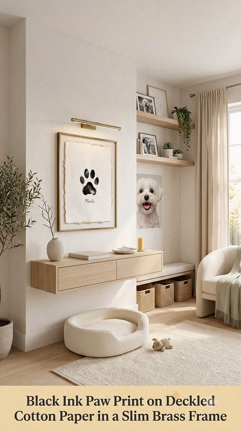 2. Black Ink Paw Print on Deckled Cotton Paper in a Slim Brass Frame