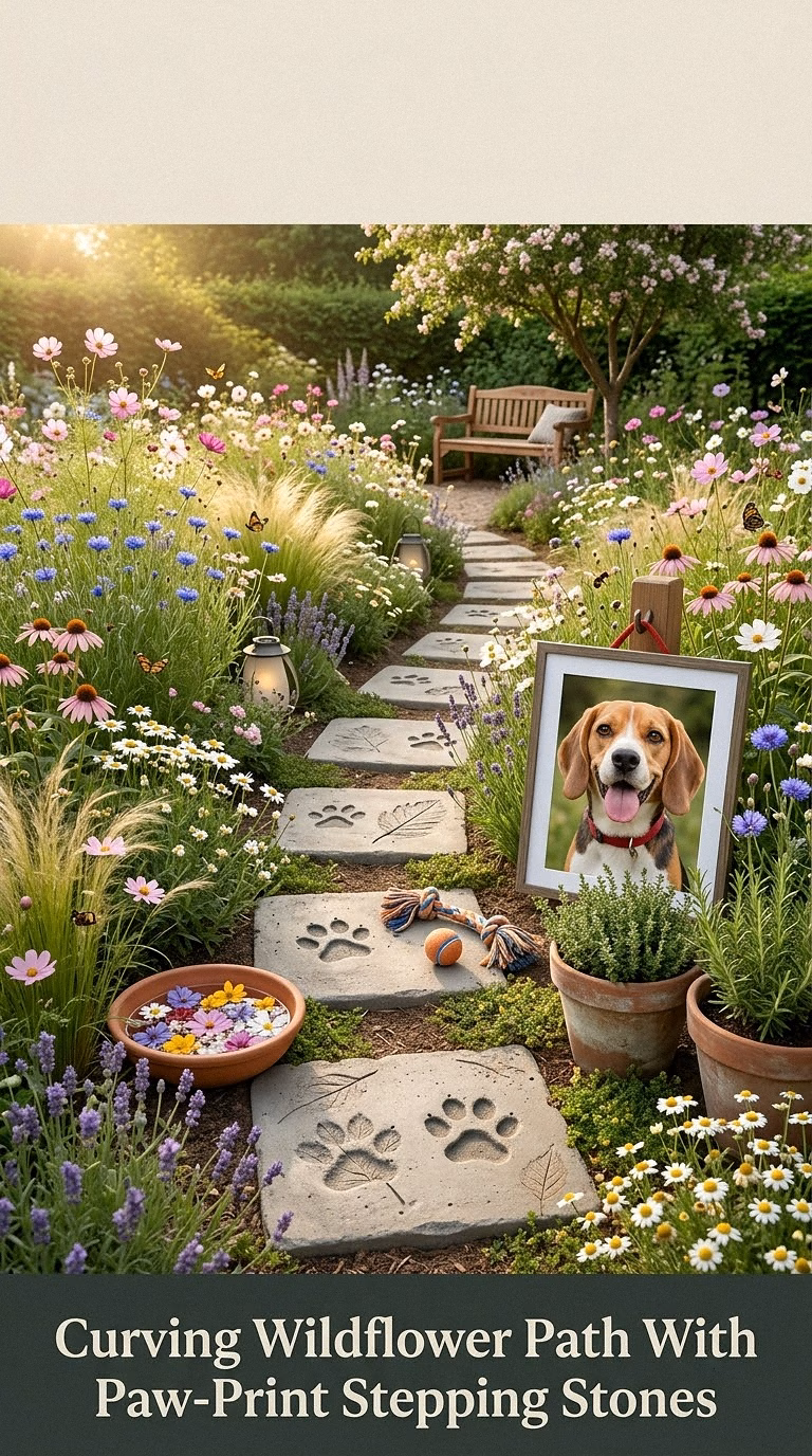 2. Curving Wildflower Path With Paw-Print Stepping Stones
