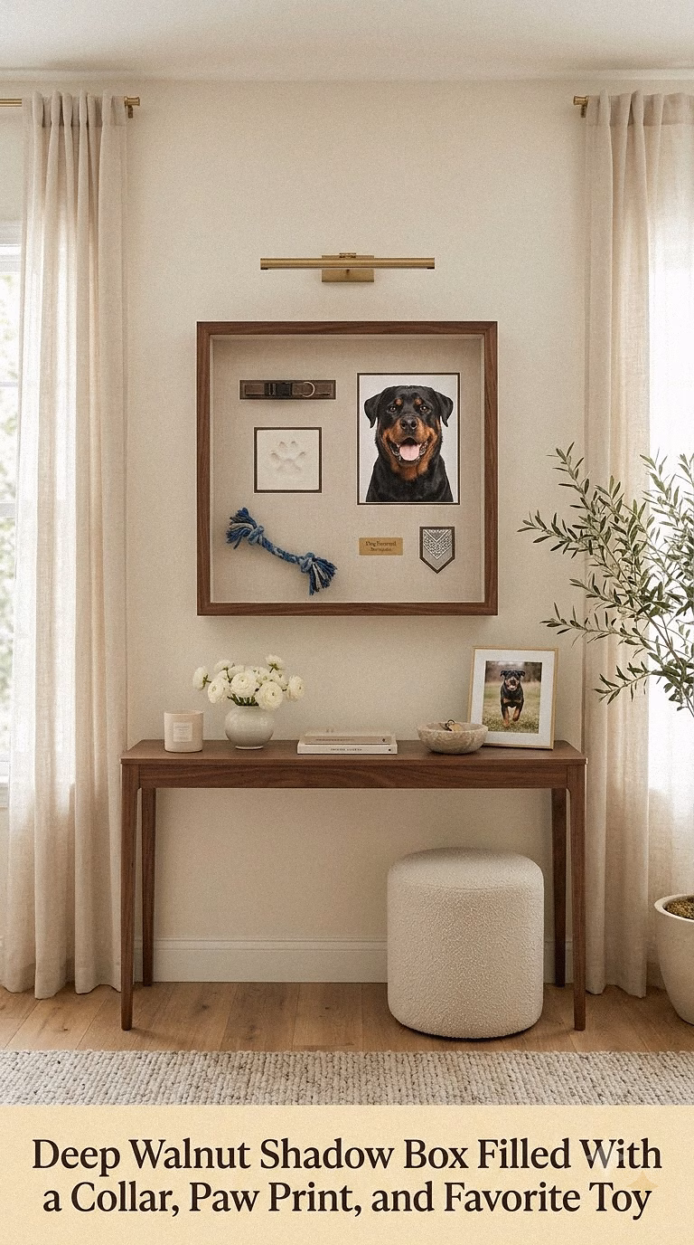 2. Deep Walnut Shadow Box Filled With a Collar, Paw Print, and Favorite Toy