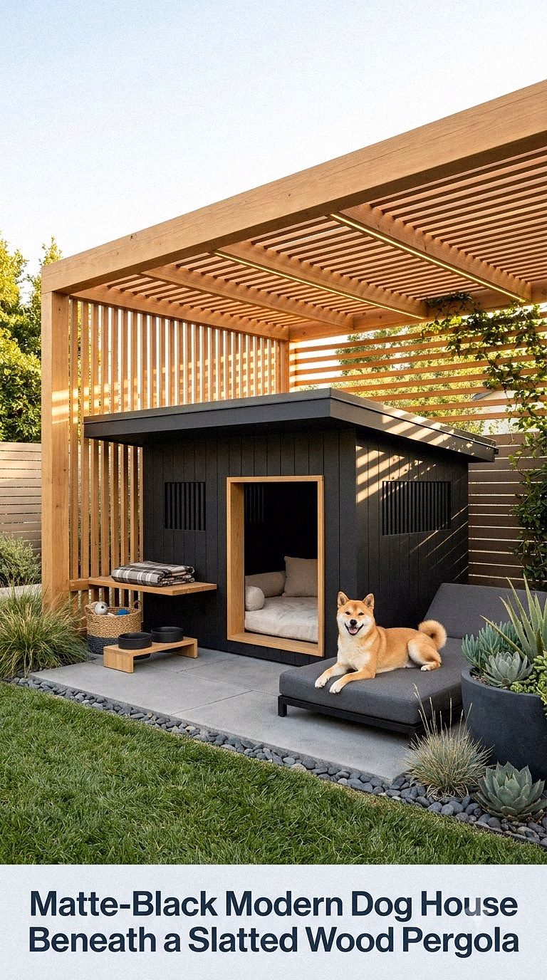 2. Matte-Black Modern Dog House Beneath a Slatted Wood Pergola