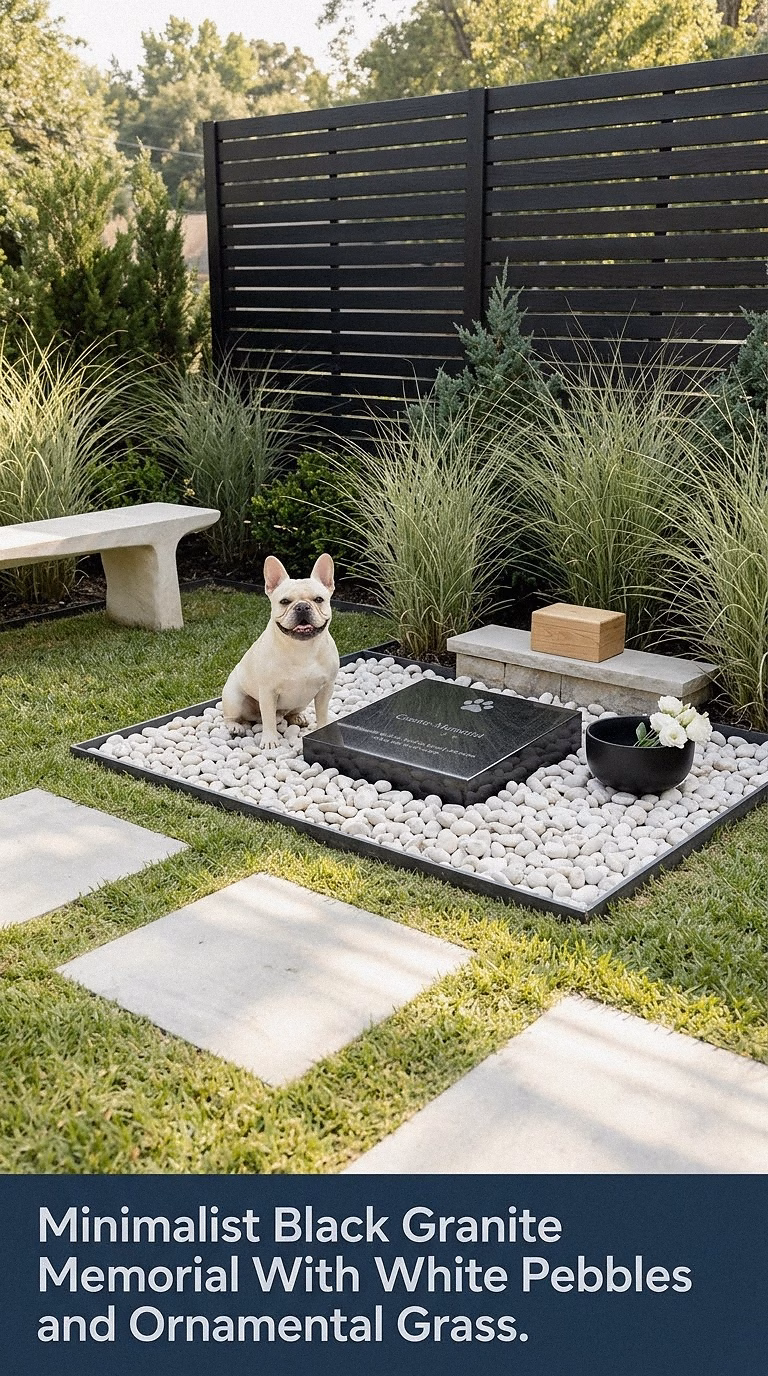 2. Minimalist Black Granite Memorial With White Pebbles and Ornamental Grass