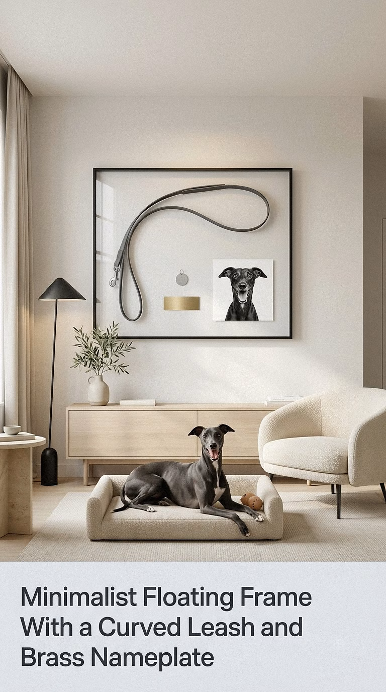 2. Minimalist Floating Frame With a Curved Leash and Brass Nameplate