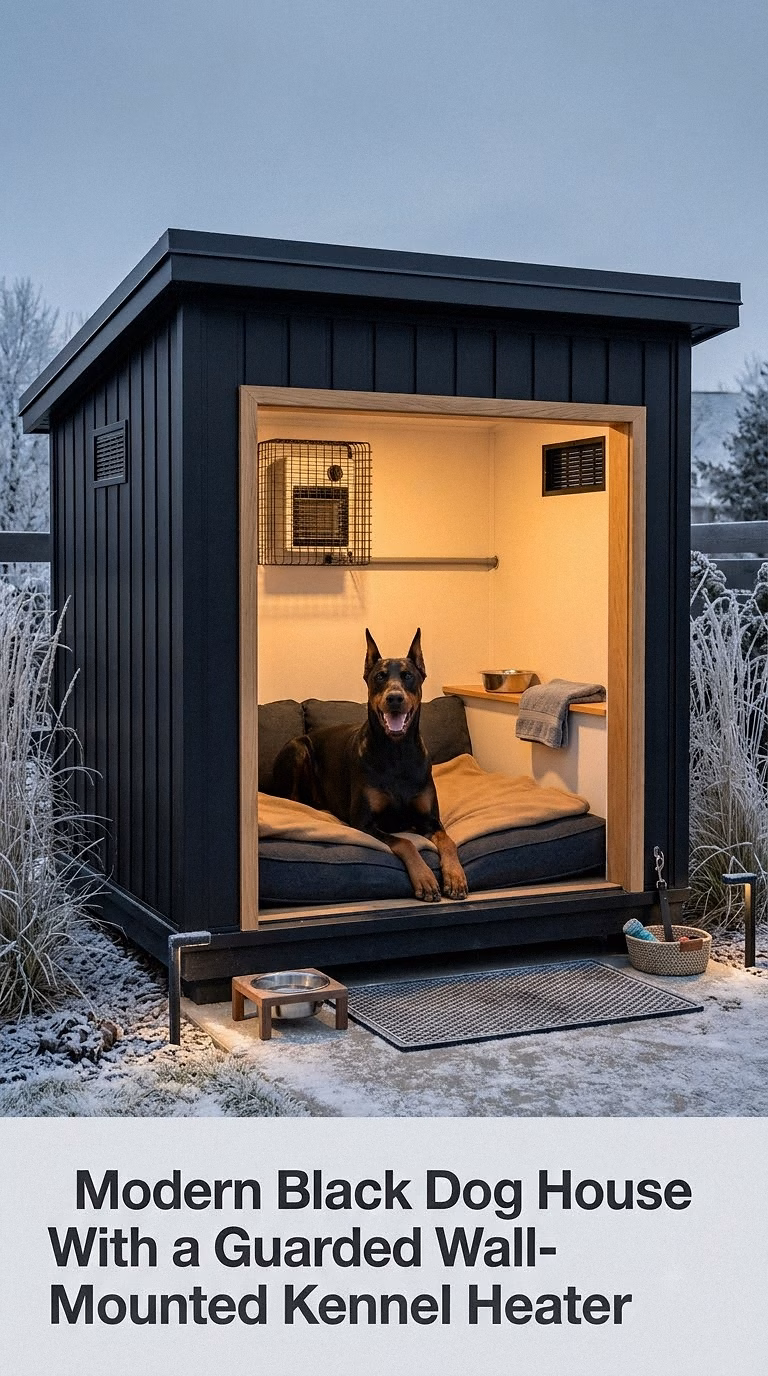 2. Modern Black Dog House With a Guarded Wall-Mounted Kennel Heater