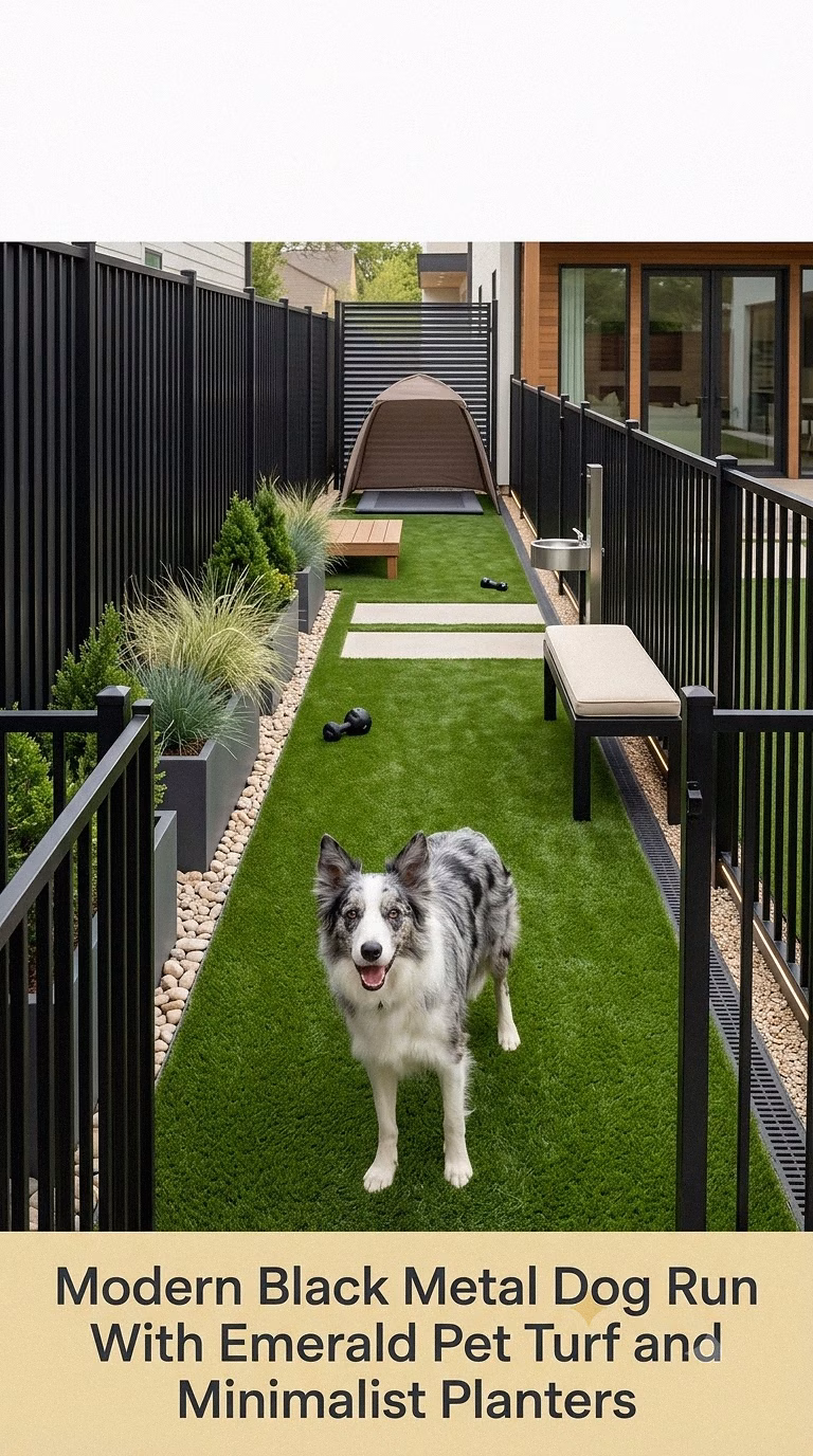 2. Modern Black Metal Dog Run With Emerald Pet Turf and Minimalist Planters