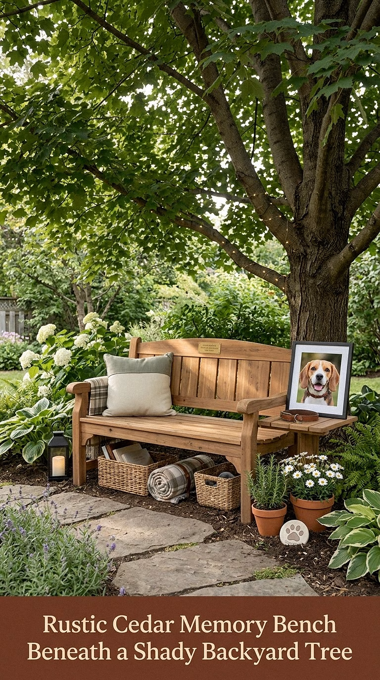 2. Rustic Cedar Memory Bench Beneath a Shady Backyard Tree
