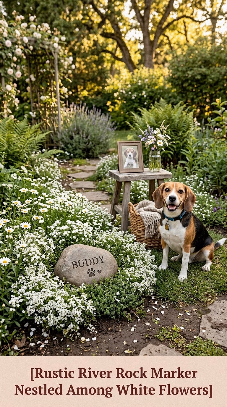 2. Rustic River Rock Marker Nestled Among White Flowers